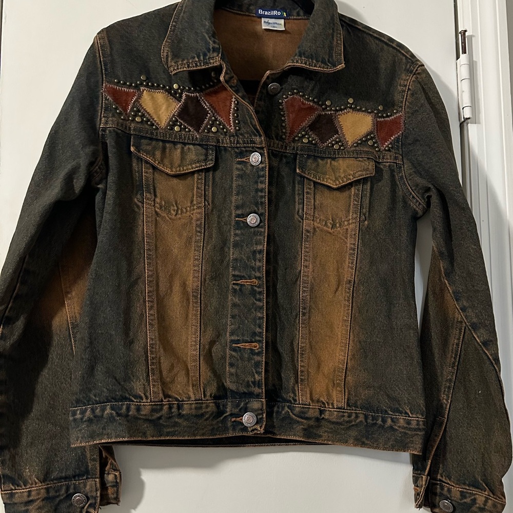 Brown Denim Jacket with Geometric Accents